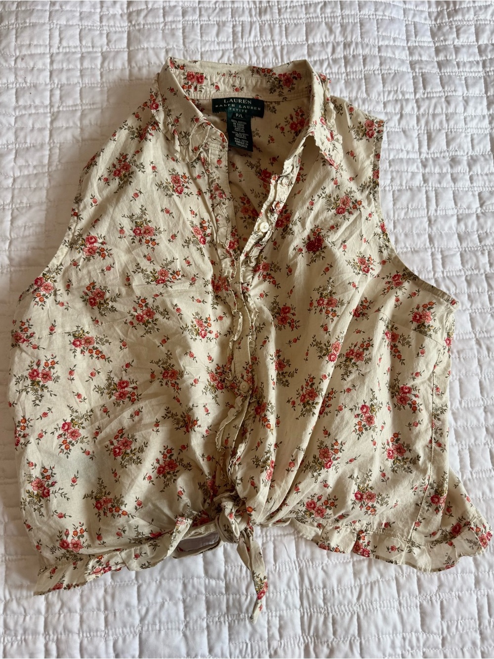 Lauren Ralph Lauren Vintage Cream Floral Tie-Front Sleeveless Top